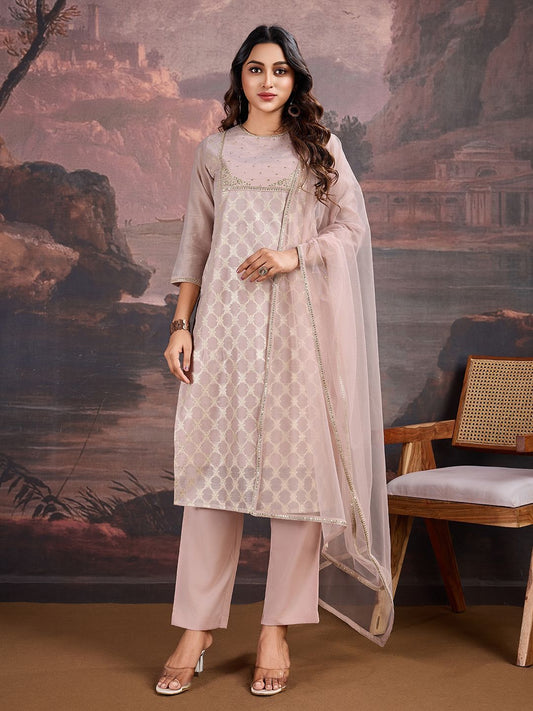 Dhiyona PD Women Ethnic Motif Woven Design Sequinned Jacquard Kurta & Trouser With Dupatta