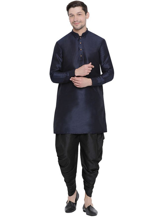 Men's Dark Blue Silk Blend Pathani Kurta and Dhoti Set