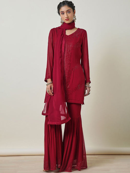 Dhiyona SO Women's Floral Embroidered Beads & Stones Straight Kurti with Sharara & Dupatta