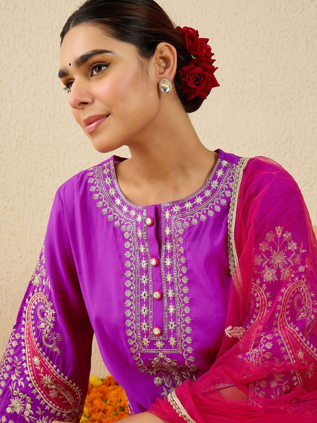 Floral Yoke Design Round Neck Thread Work Straight Kurta & Dupatta with Trousers