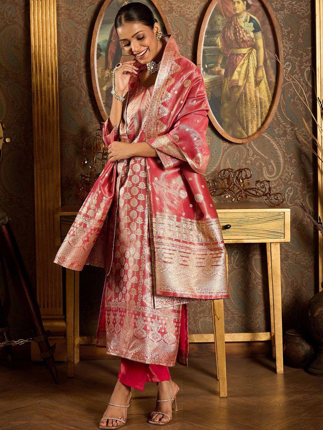 Dhiyona IE V-Neck Ethnic Motifs Woven Design Straight Kurta with Trouser & Dupatta