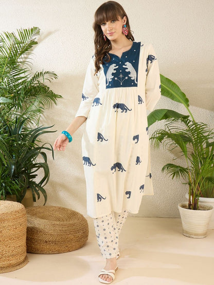 Women Animal Embroidered Panelled Thread Work Pure Cotton Kurta with Trousers