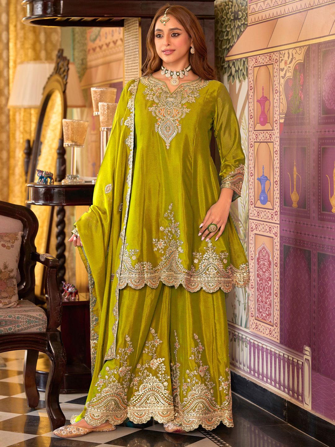 Dhiyona IE Ethnic Motifs Embroidered V-Neck Sequinned Kurta With Sharara & Dupatta