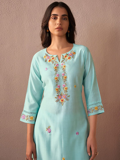 Dhiyona IE Floral Embroidered Notch Neck Straight Kurta With Trouser And Dupatta