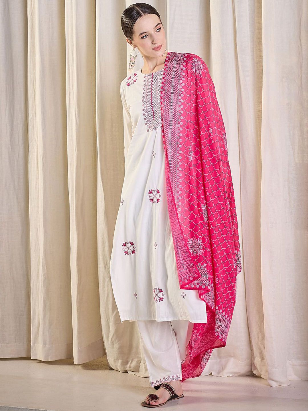 Women Ethnic Motifs Embroidered Cotton Kurta with Trousers & Dupatta