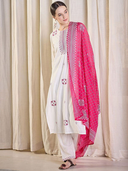 Women Ethnic Motifs Embroidered Cotton Kurta with Trousers & Dupatta