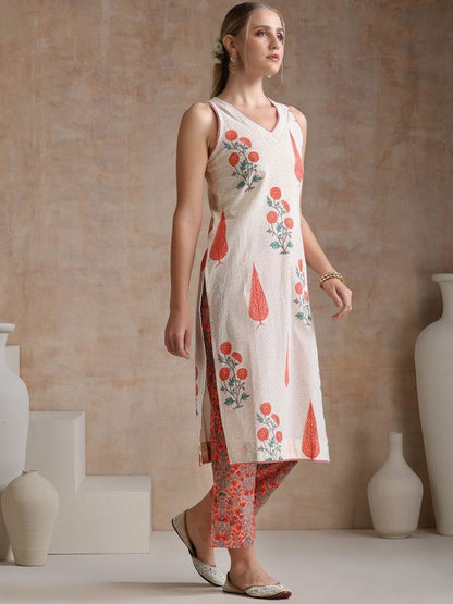 Women's Floral Printed Pure Cotton Straight Kurta with Palazzos & With Dupatta