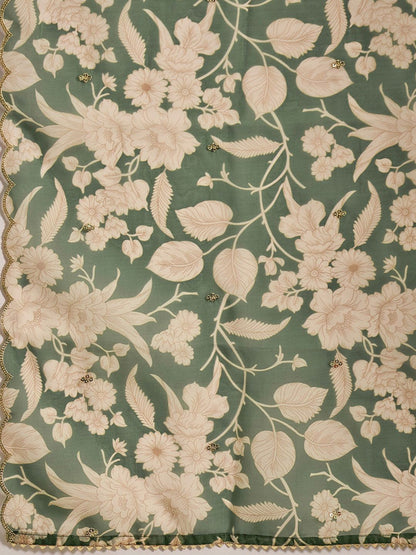 Dhiyona SN Women's Floral Yoke Design V-Neck Mirror Work Straight Kurta With Trouser & Dupatta