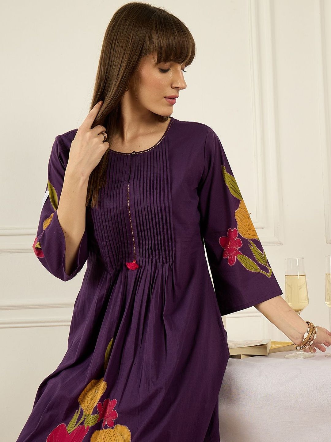 Floral Printed Thread Work Pure Cotton Kurta With Palazzos