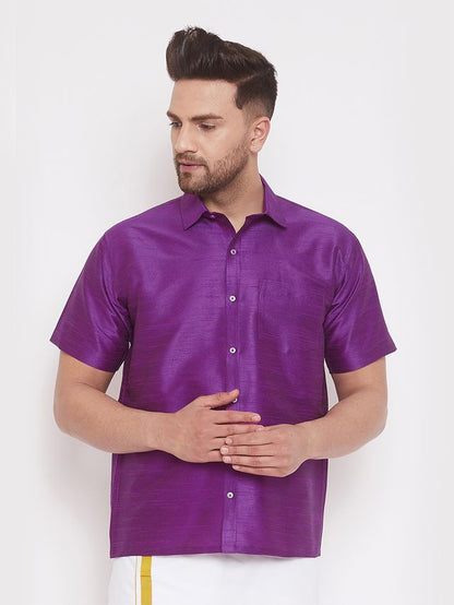 Men's Purple Silk Blend Straight Shirt And Mundu