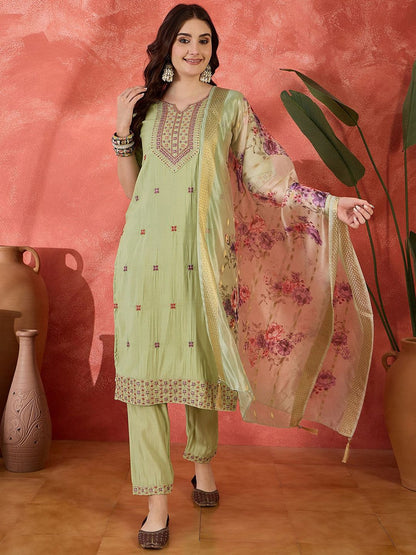 Dhiyona SN Women's Floral Embroidered Notch Neck Sequinned Straight Kurta With Trousers And Dupatta