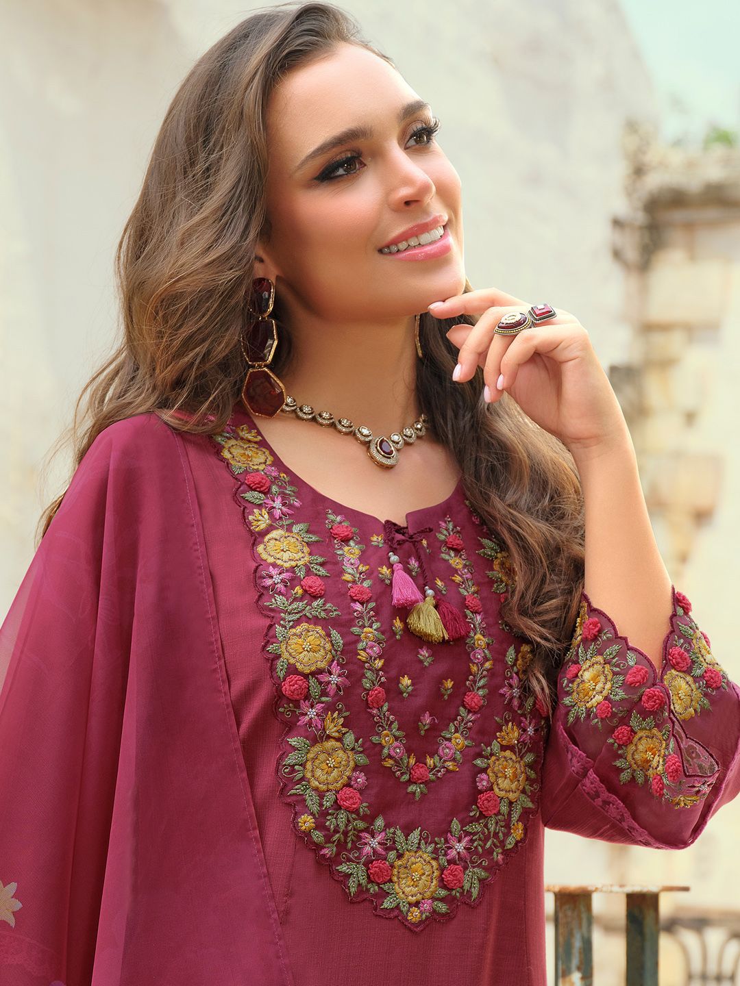 Floral Embroidered Thread Work Tieup Neck A-Line Kurta With Trousers & Dupatta