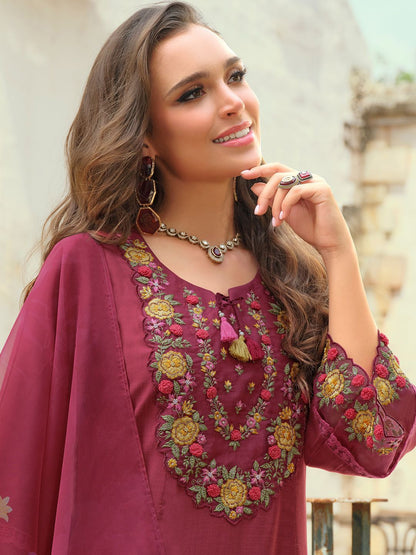 Floral Embroidered Thread Work Tieup Neck A-Line Kurta With Trousers & Dupatta