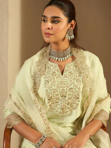 Women's Sea Green Embroidered Straight Kurta Trousers With Dupatta set