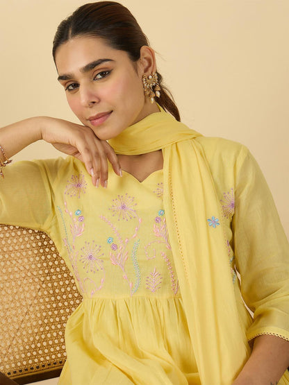 Floral Embroidered V-Neck Pure Cotton A-Line Kurta With Trousers & Dupatta