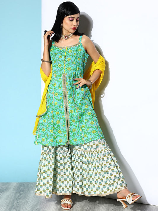 Dhiyona VA Women's Green Ethnic Motifs Printed Pure Cotton Kurta with Sharara & Dupatta