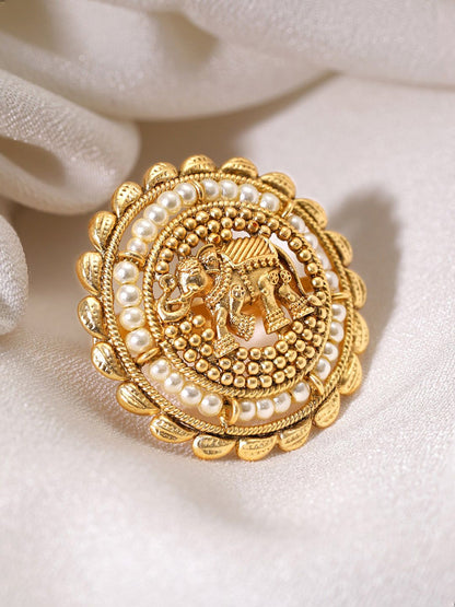 Dhiyona RJ Women's 22K Gold-Plated Beaded Elephant Charm Adjustable Finger Ring