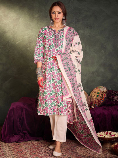 Dhiyona IE Floral Printed Pure Cotton Straight Kurta With Trousers & Dupatta