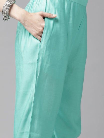 Women Sea Green & Golden Embroidered Kurta with Trousers & Dupatta