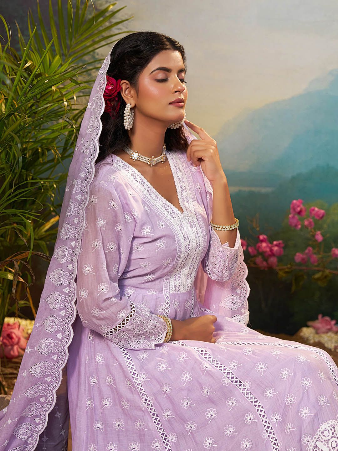 Dhiyona IE Floral Embroidered Pure Cotton Anarkali Kurta With Trousers & Dupatta