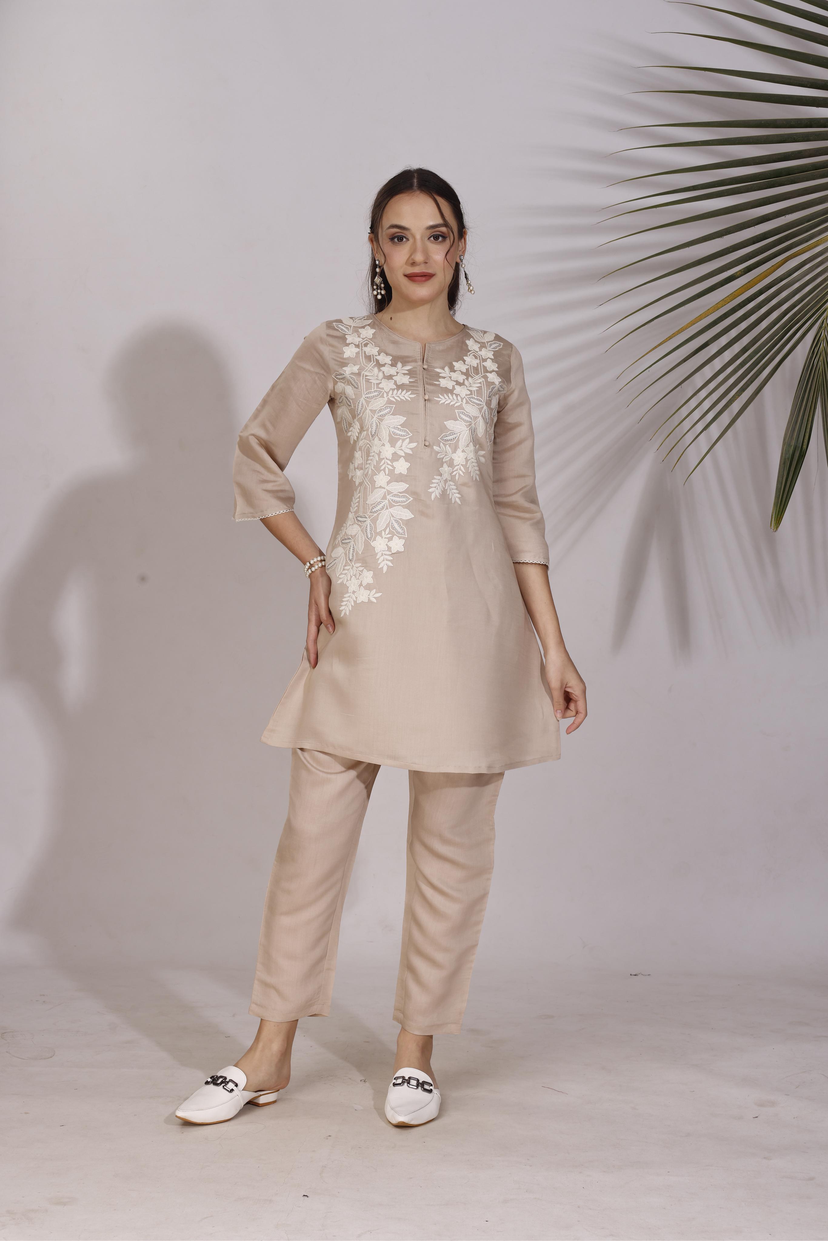 Dhiyona TI Women's Brown Colour White Thread Embroidery Work Co Ord