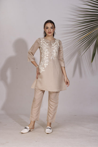 Dhiyona TI Women's Brown Colour White Thread Embroidery Work Co Ord