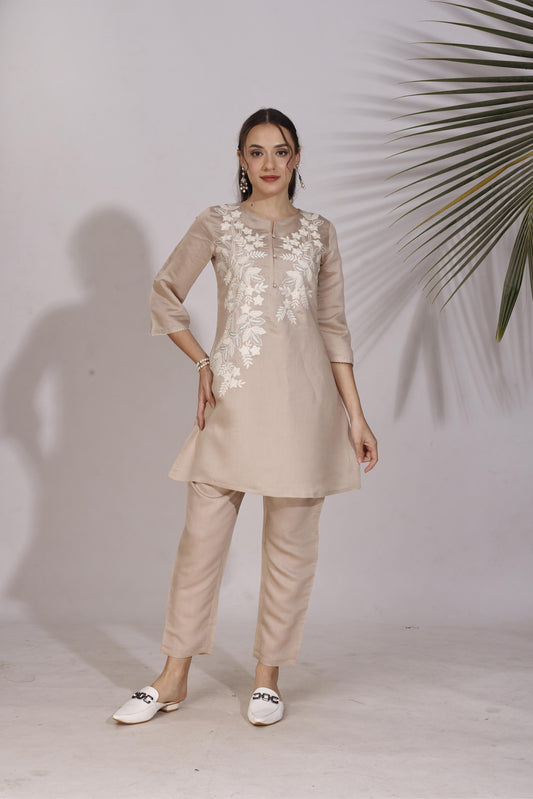 Dhiyona TI Women's Brown Colour White Thread Embroidery Work Co Ord