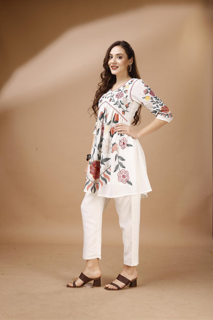 Dhiyona TI Women's Off White Colour Multi Thread Embroidery Flared Co Ord