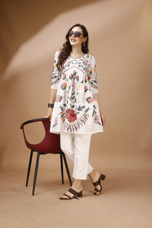Dhiyona TI Women's Off White Colour Multi Thread Embroidery Flared Co Ord