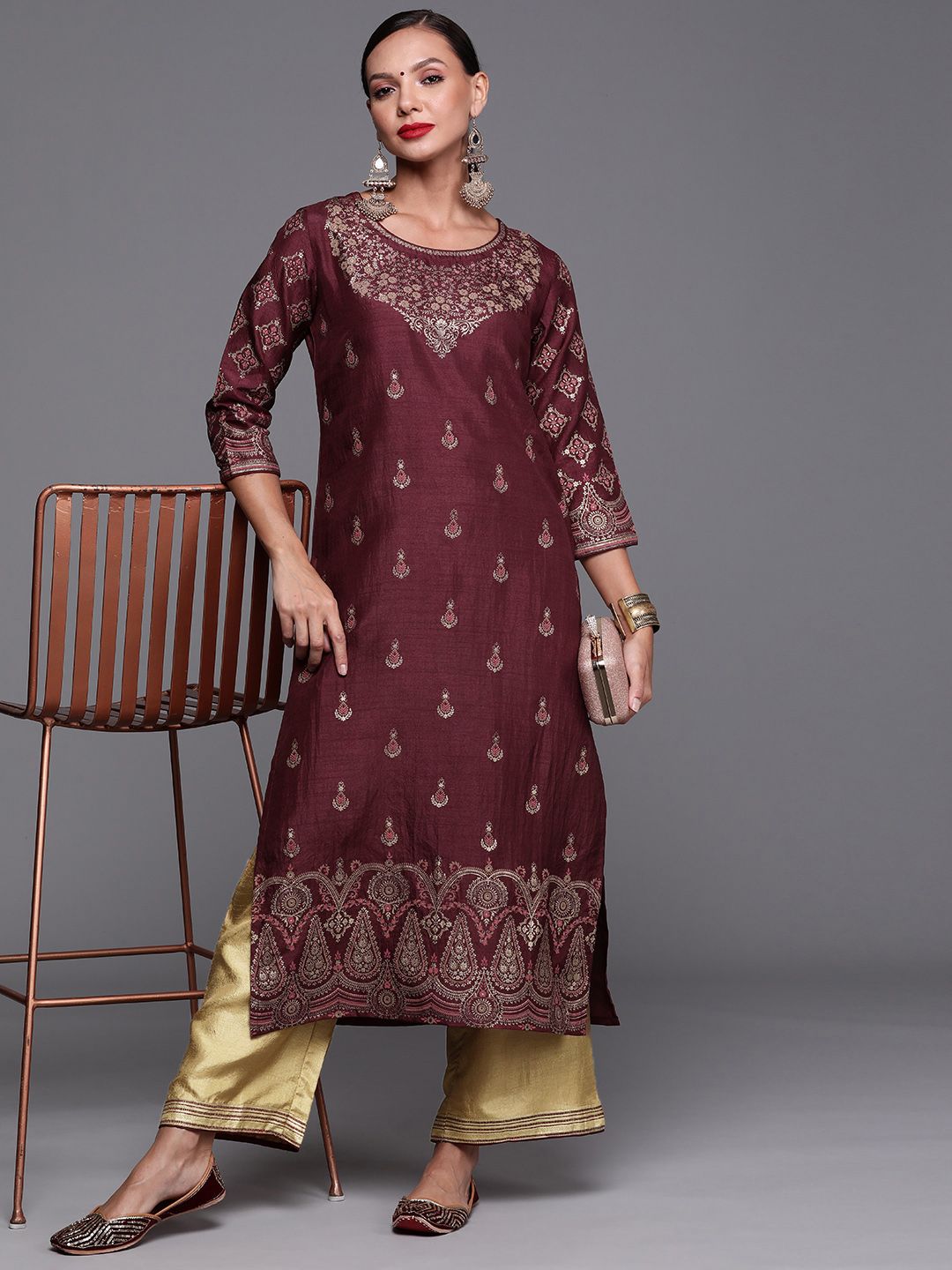 Women Maroon and Gold-Toned Ethnic Motifs Foil Print Kurta with Palazzos