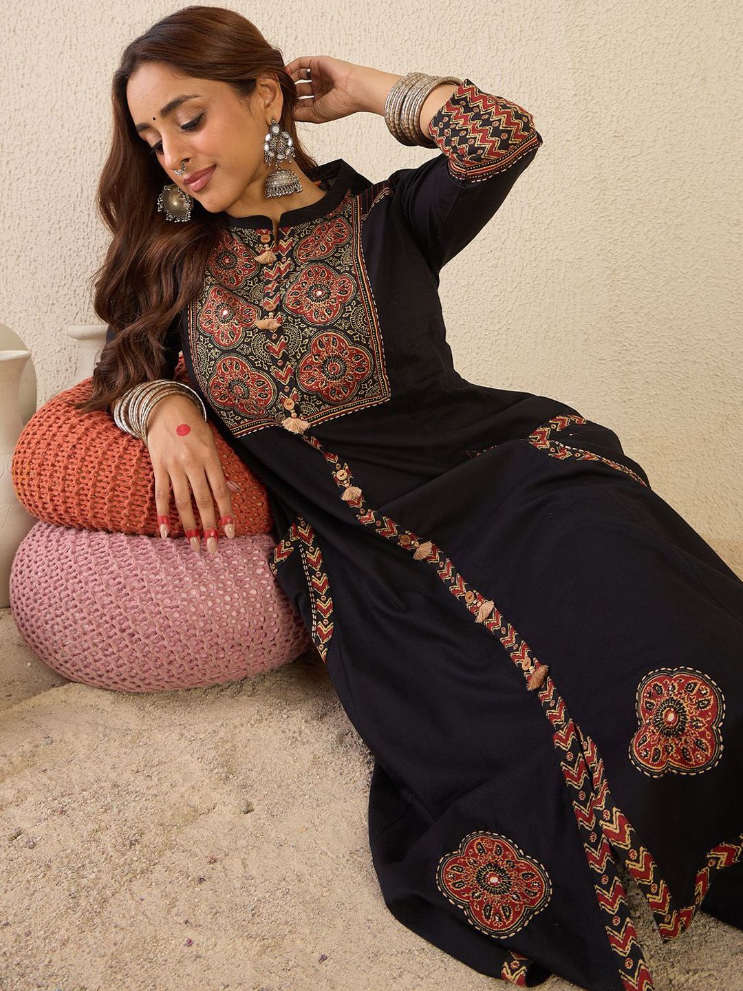 Ethnic Motifs Printed Mandarin Collar A Line Pure Cotton Kurta With Trousers