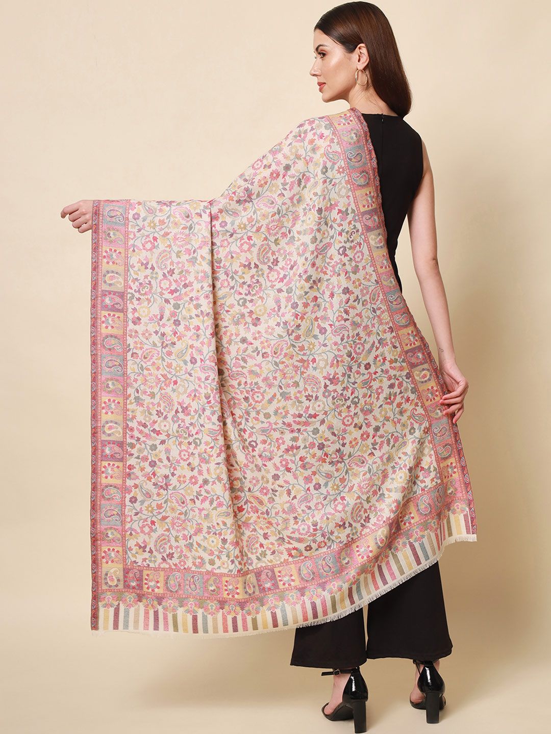 Dhiyona PA Women White & Pink Woven-Design Shawl