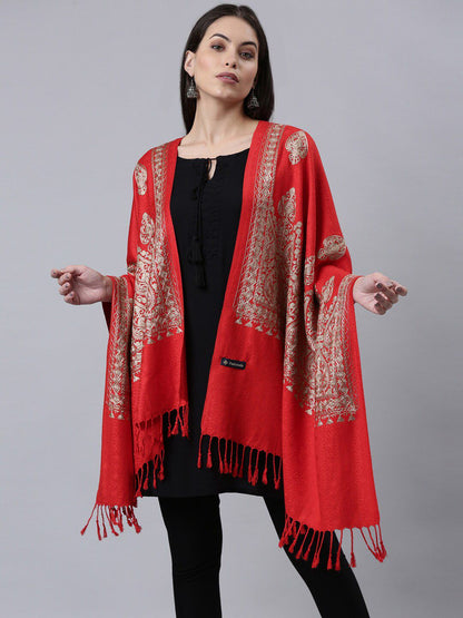 Dhiyona PA Women Red & Silver-Toned Embroidered Shawl