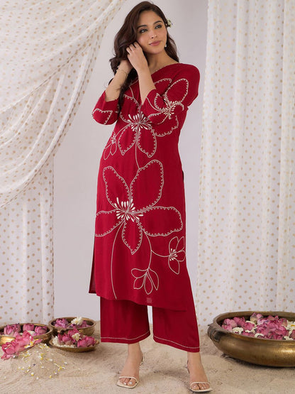 Dhiyona IE Floral Embroidered Beads And Stones Straight Kurta With Palazzos