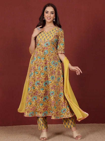 Dhiyona VA Women's Floral Printed Regular Gotta Patti Pure Cotton Kurta, Trousers with Dupatta