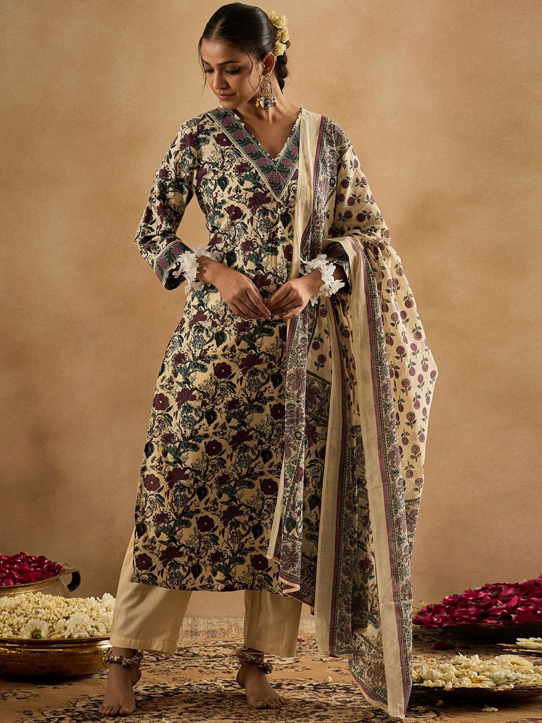 Dhiyona IE Floral Printed V-Neck Pure Cotton Straight Kurta With Trousers & Dupatta