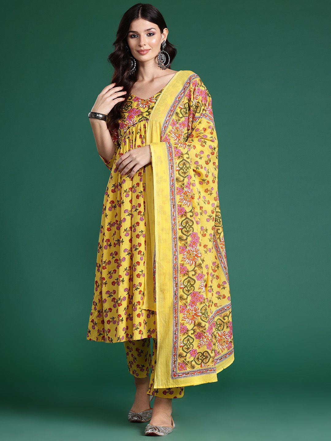 Dhiyona IE Floral Printed Empire Gotta Patti Pure Cotton Kurta With Trousers & Dupatta