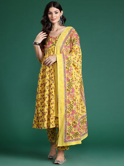 Dhiyona IE Floral Printed Empire Gotta Patti Pure Cotton Kurta With Trousers & Dupatta