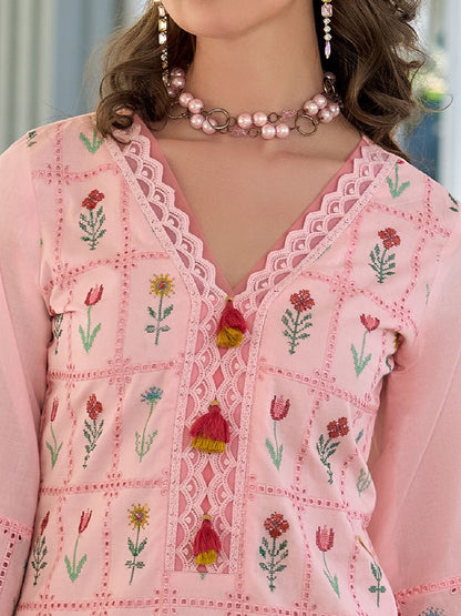 Dhiyona IE Floral Embroidered Thread Work Pure Cotton Kurta With Trousers & Dupatta