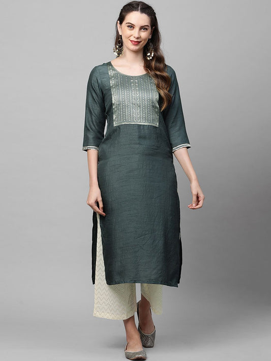 Dhiyona IE Women Charcoal Grey Ethnic Motifs Yoke Design Straight Kurta