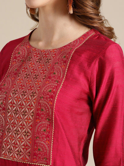Dhiyona VA Women's Red Ethnic Motifs Yoke Design Kurta with Palazzos