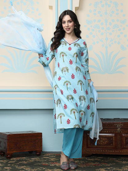 Dhiyona IS Women's Blue Ethnic Motifs Printed Mirror Work Pure Cotton Kurta With Trousers & Dupatta