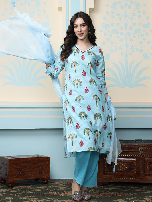 Dhiyona IS Women's Blue Ethnic Motifs Printed Mirror Work Pure Cotton Kurta With Trousers & Dupatta