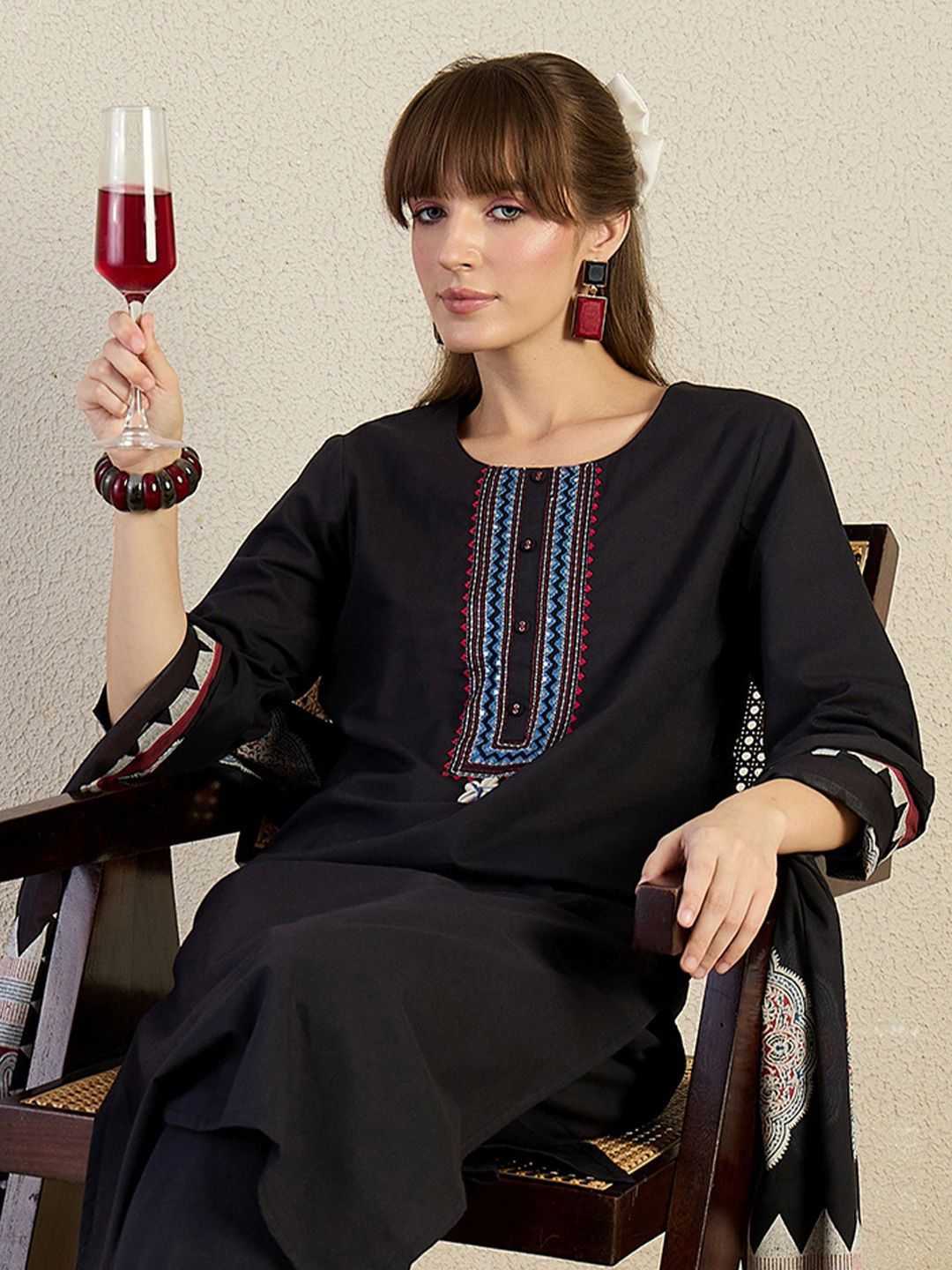 Dhiyona IE Women Yoke Design Embroidered Cotton Kurta with Trousers & Dupatta