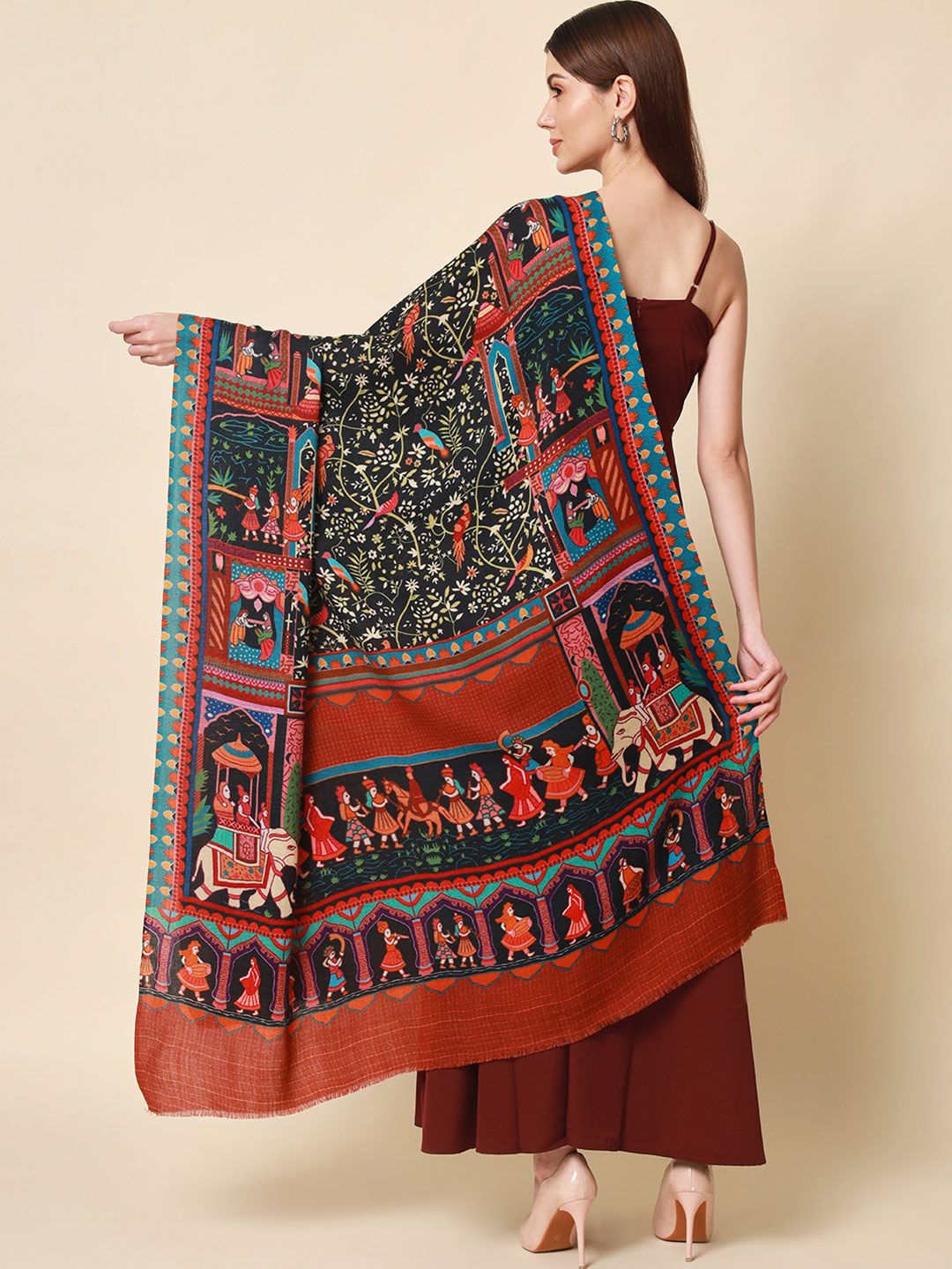 Dhiyona PA Women Brown Printed Pure Wool Shawl