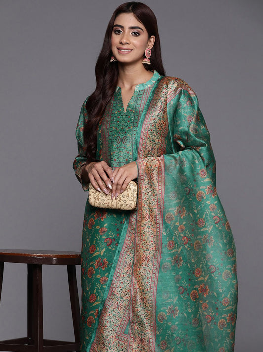 Dhiyona VA Women's Floral Printed Regular Chanderi Silk Kurta with Trousers & Dupatta