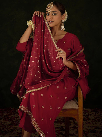 Women Ethnic Motifs Embroidered Regular Sequinned Kurta with Trousers & With Dupatta