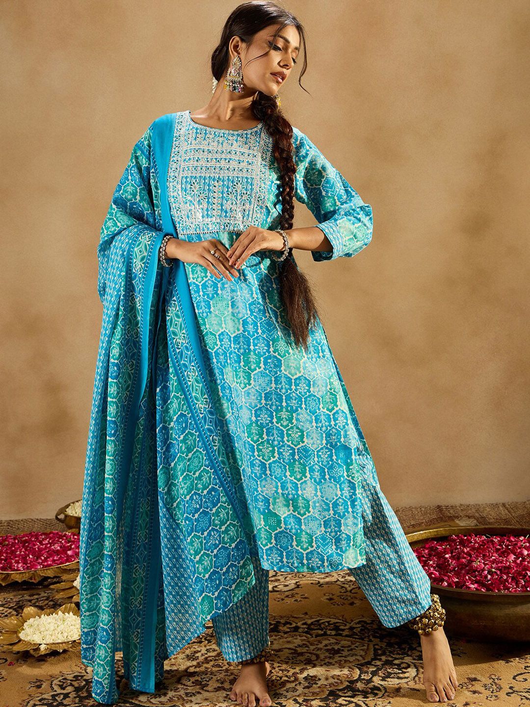 Dhiyona IE Printed Regular Thread Work Pure Cotton Straight Kurta with Trousers & Dupatta