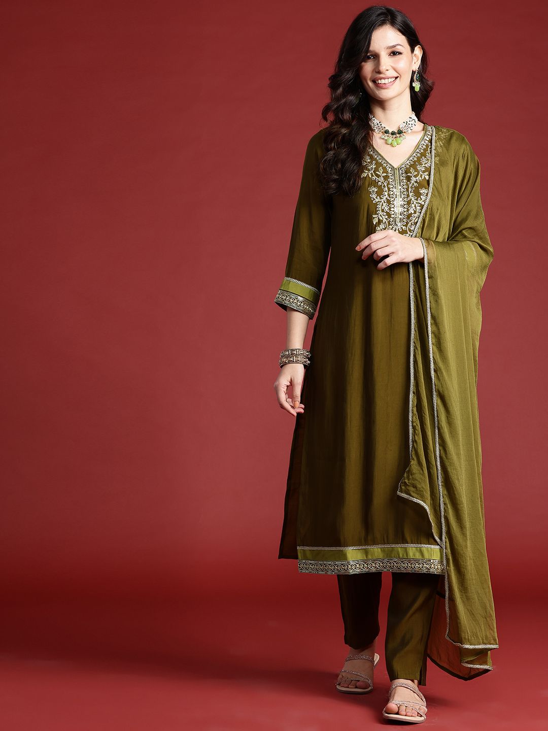 Floral Embroidered Sequinned Kurta With Trousers & Dupatta