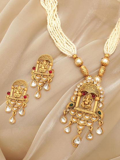 Dhiyona RJ Women's 22K Gold-Plated Ganesh Motif Temple Necklace Set with White Pearls & Kundan Drops